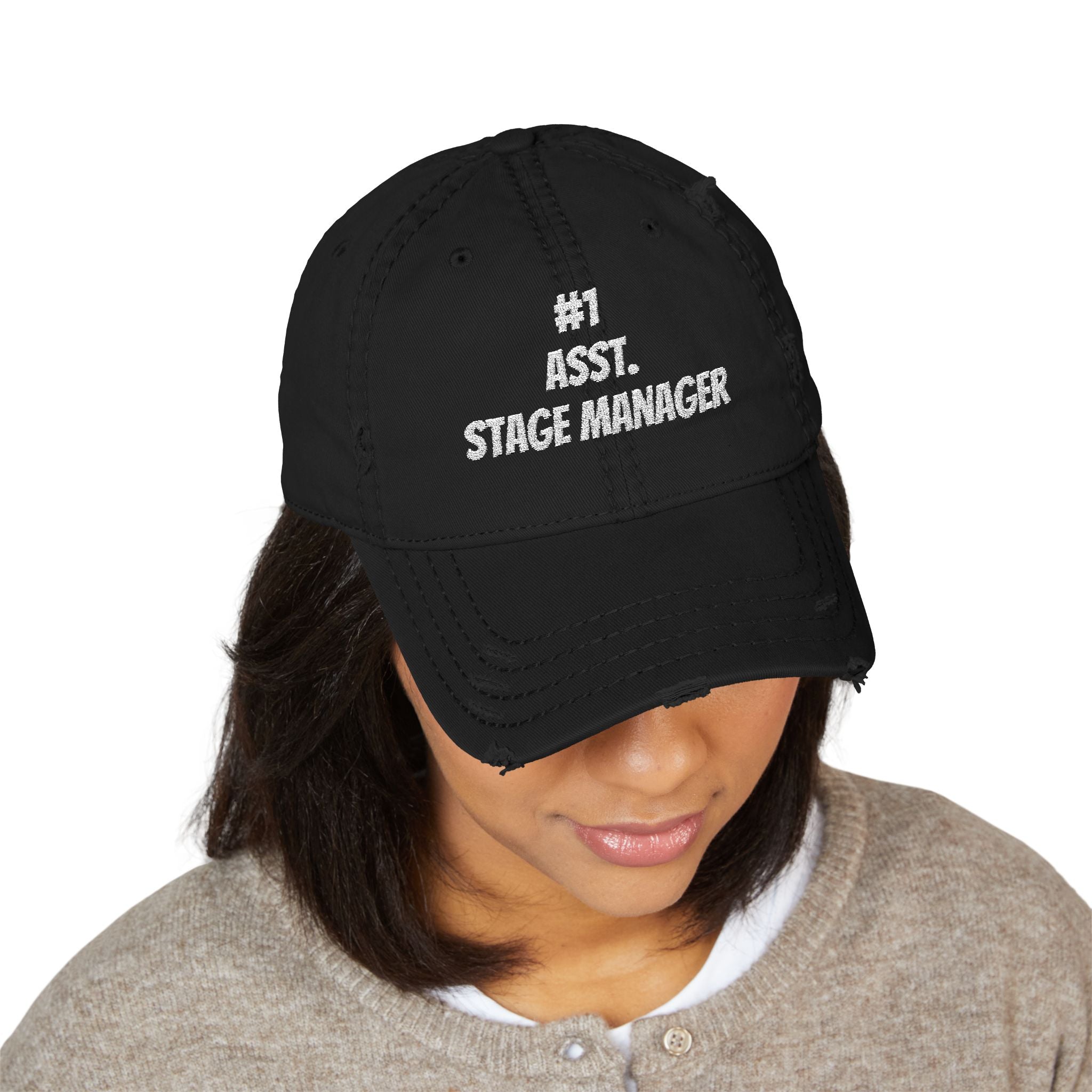 Number 1 Assistant Stage Manager Trucker Hat Distressed Embroidered Dad Hat