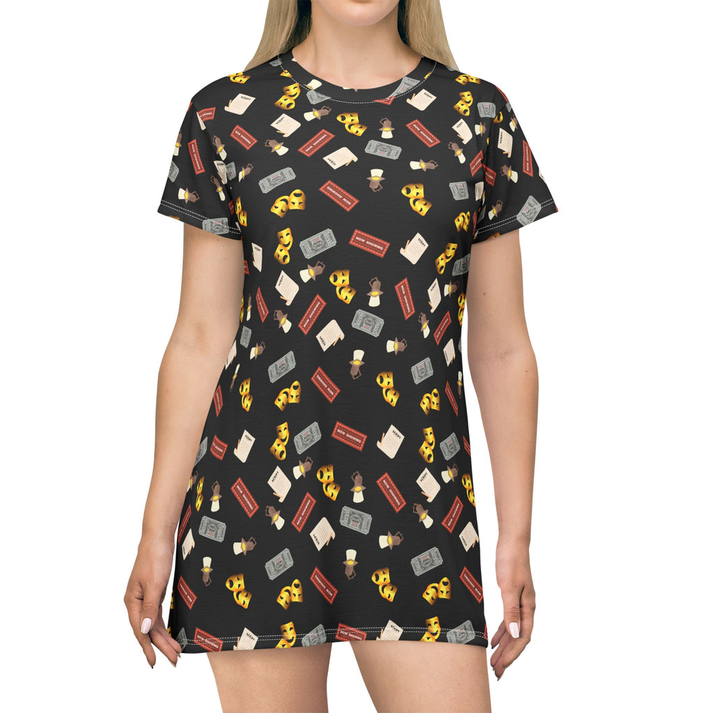 Theater Stage Lights Comedy Tragedy Mask T-Shirt Dress, Script Spotlight