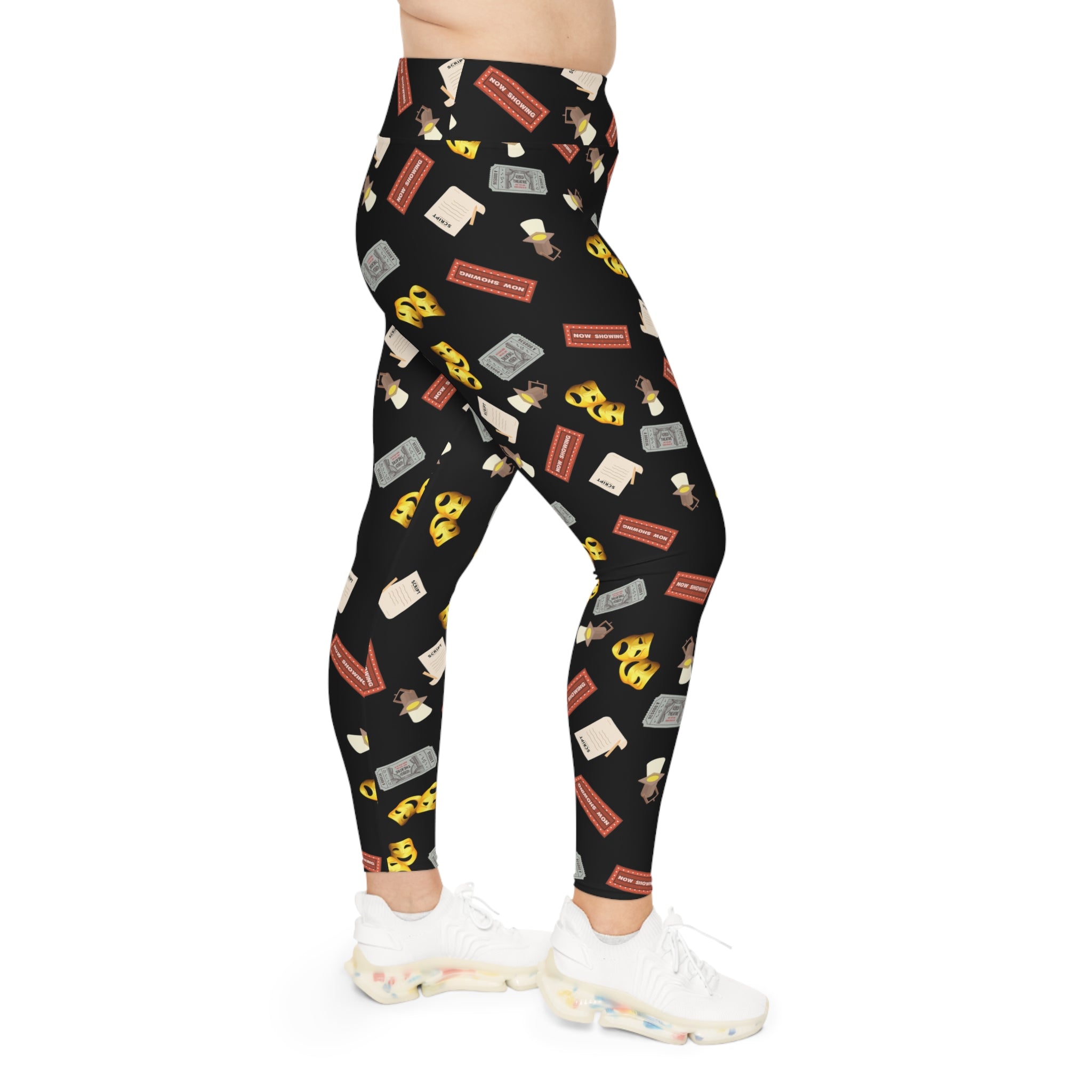 Plus size Theatre leggings, comedy tragedy masks, Stage lights, marquee and tickets