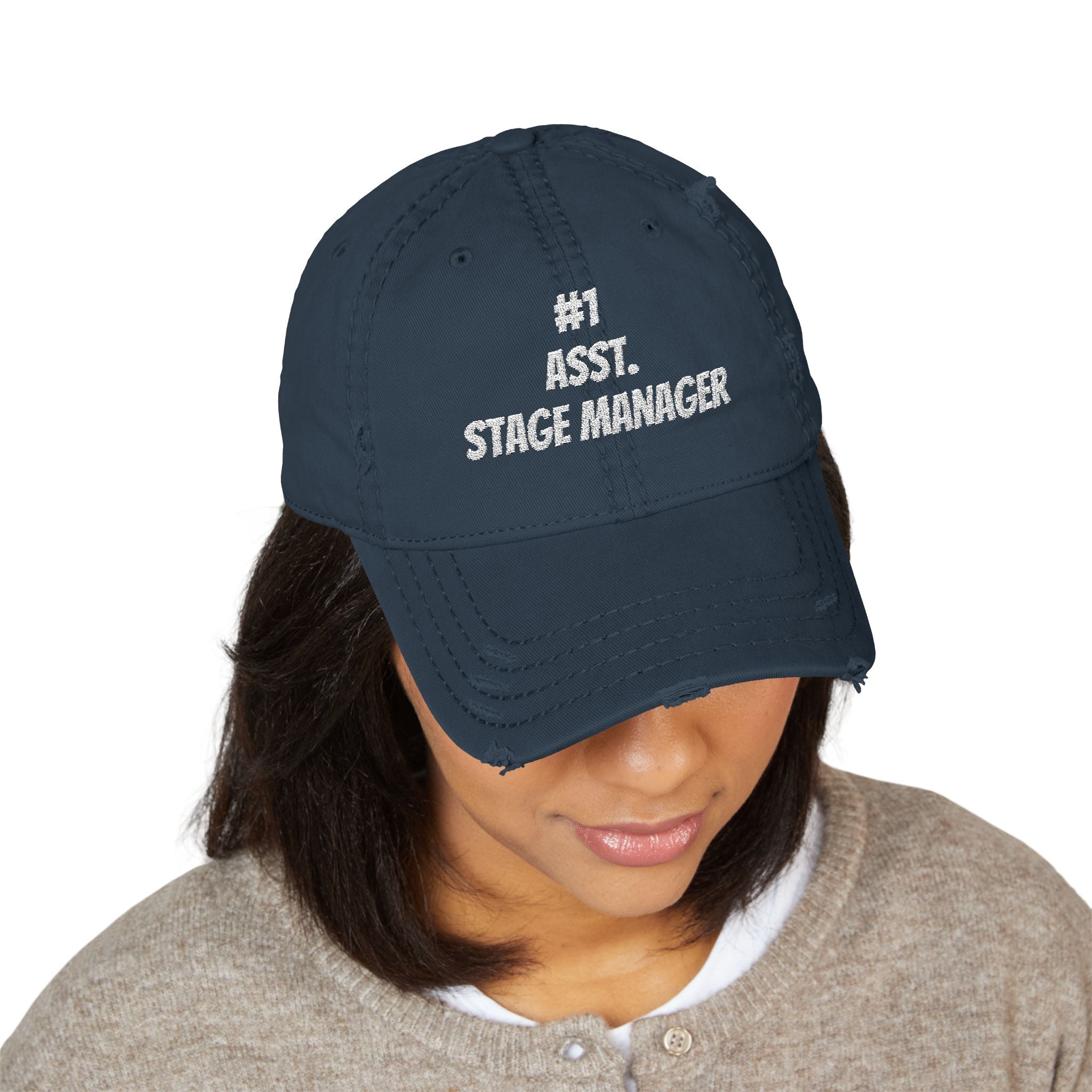 Number 1 Assistant Stage Manager Trucker Hat Distressed Embroidered Dad Hat
