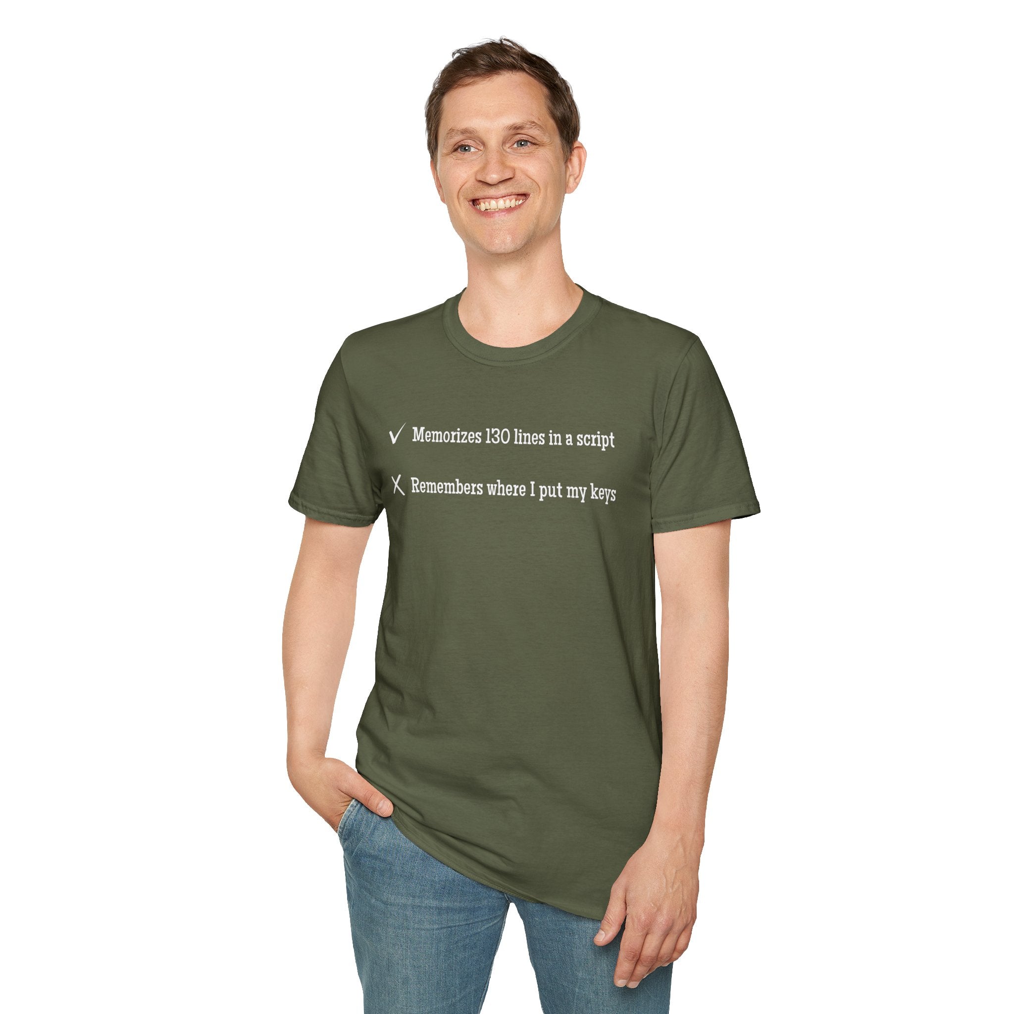 Memorizes 130 Lines, Forgets Keys T-Shirt - Funny Theater actor actress Checklist Tee