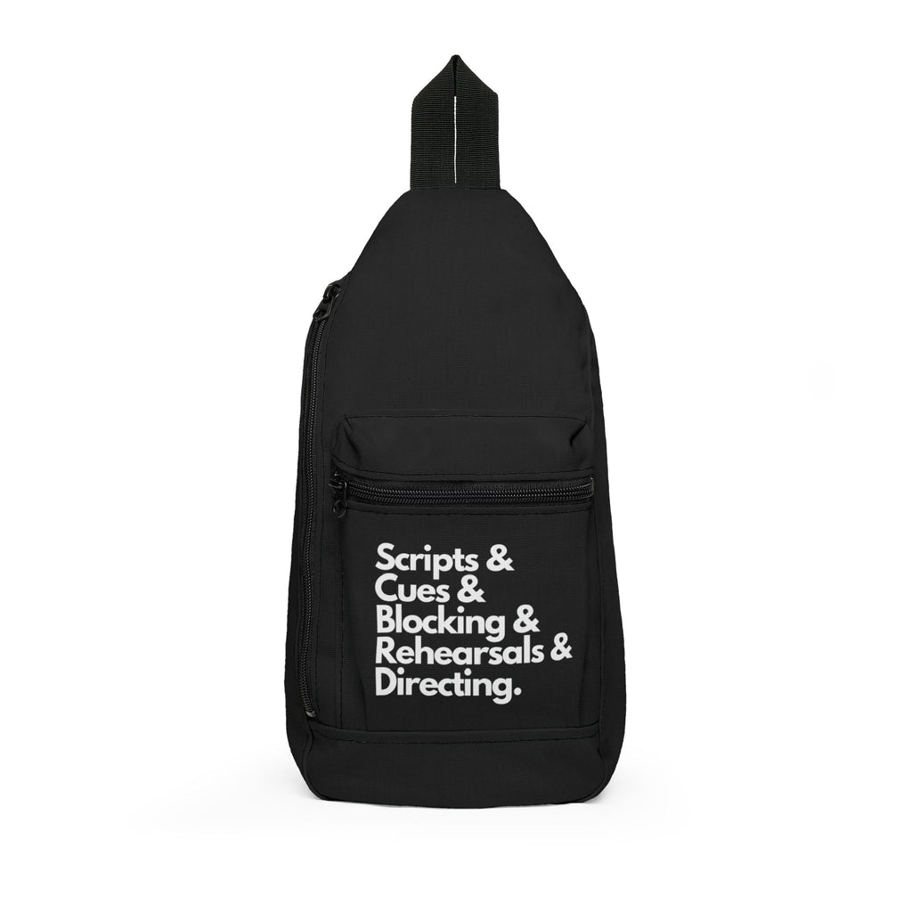 Scripts, Cues, & Blocking, Rehearsals, and Directing Theatre Tech Crew Design Sling Bag - Black and white