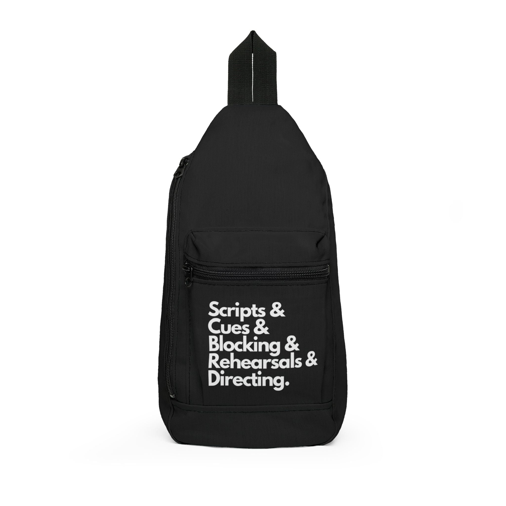 Scripts, Cues, & Blocking, Rehearsals, and Directing Theatre Tech Crew Design Sling Bag - Black and white