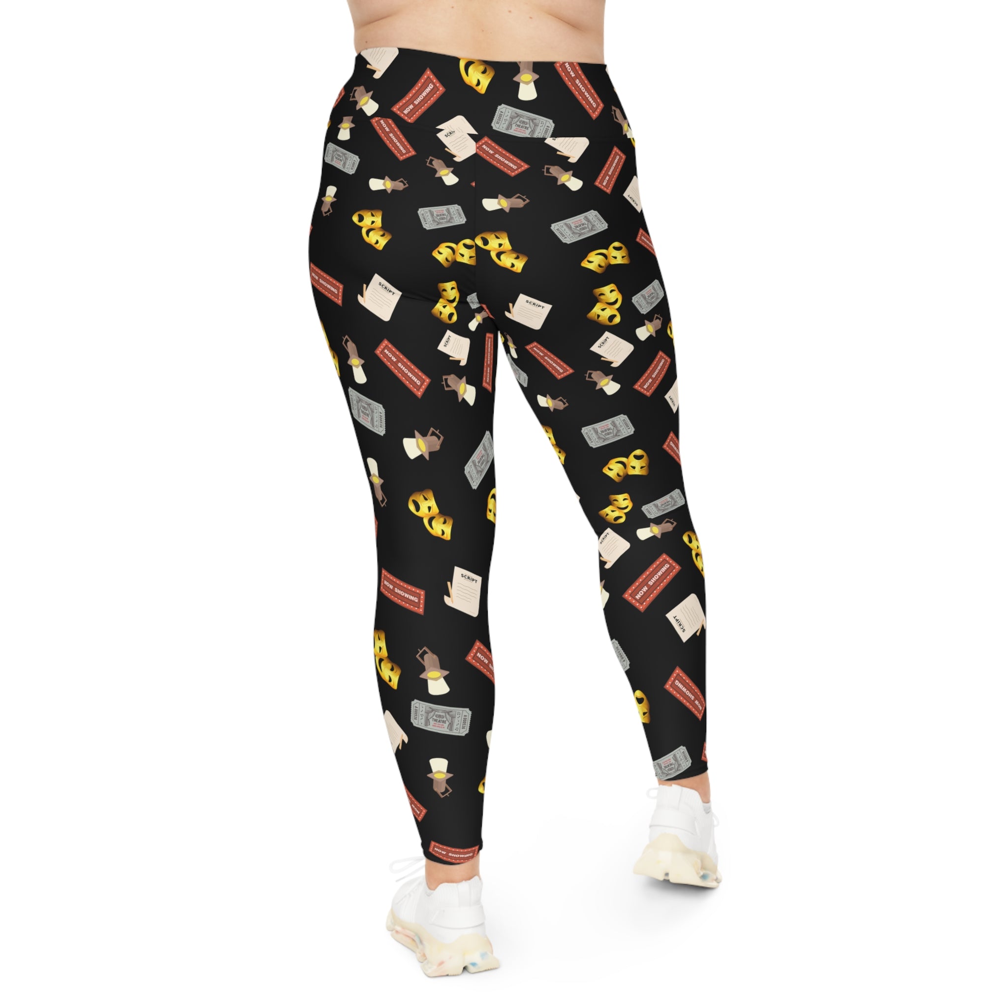 Plus size Theatre leggings, comedy tragedy masks, Stage lights, marquee and tickets