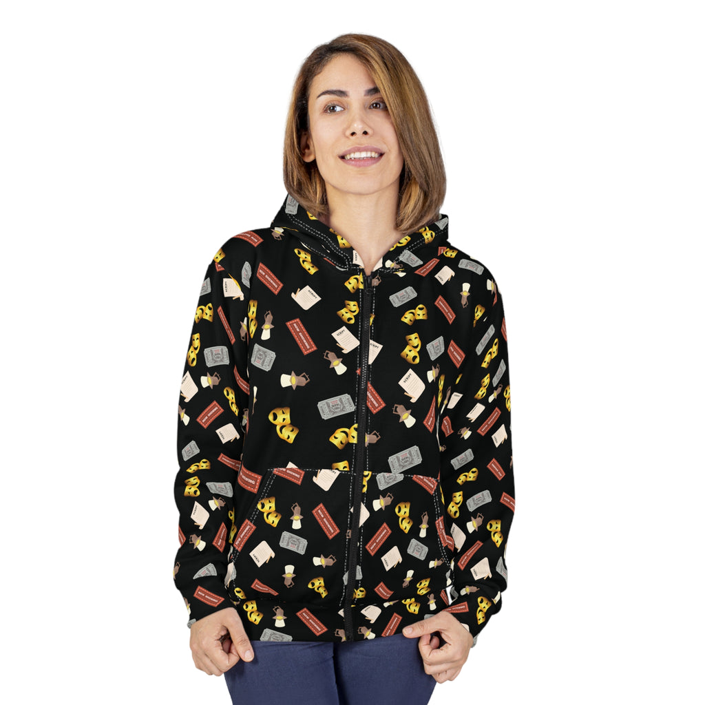 Comedy Tragedy Masks, tickets, marquee and stage lights Zip Hoodie, Theatre Sweatshirt