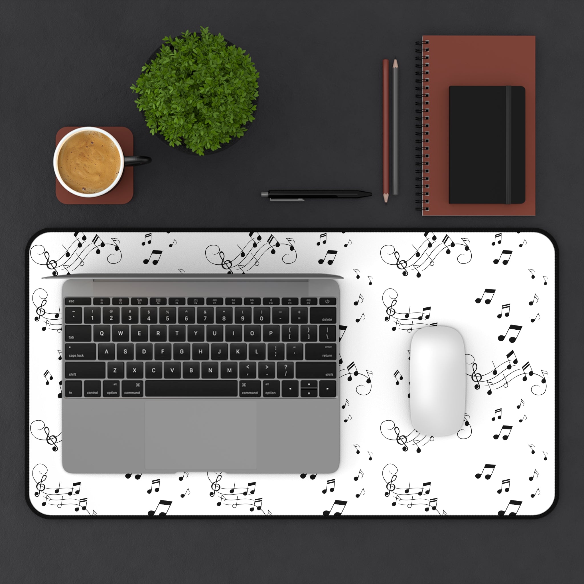 Music Notes Desk Mat, Black and White Musical Pattern Mouse Pad