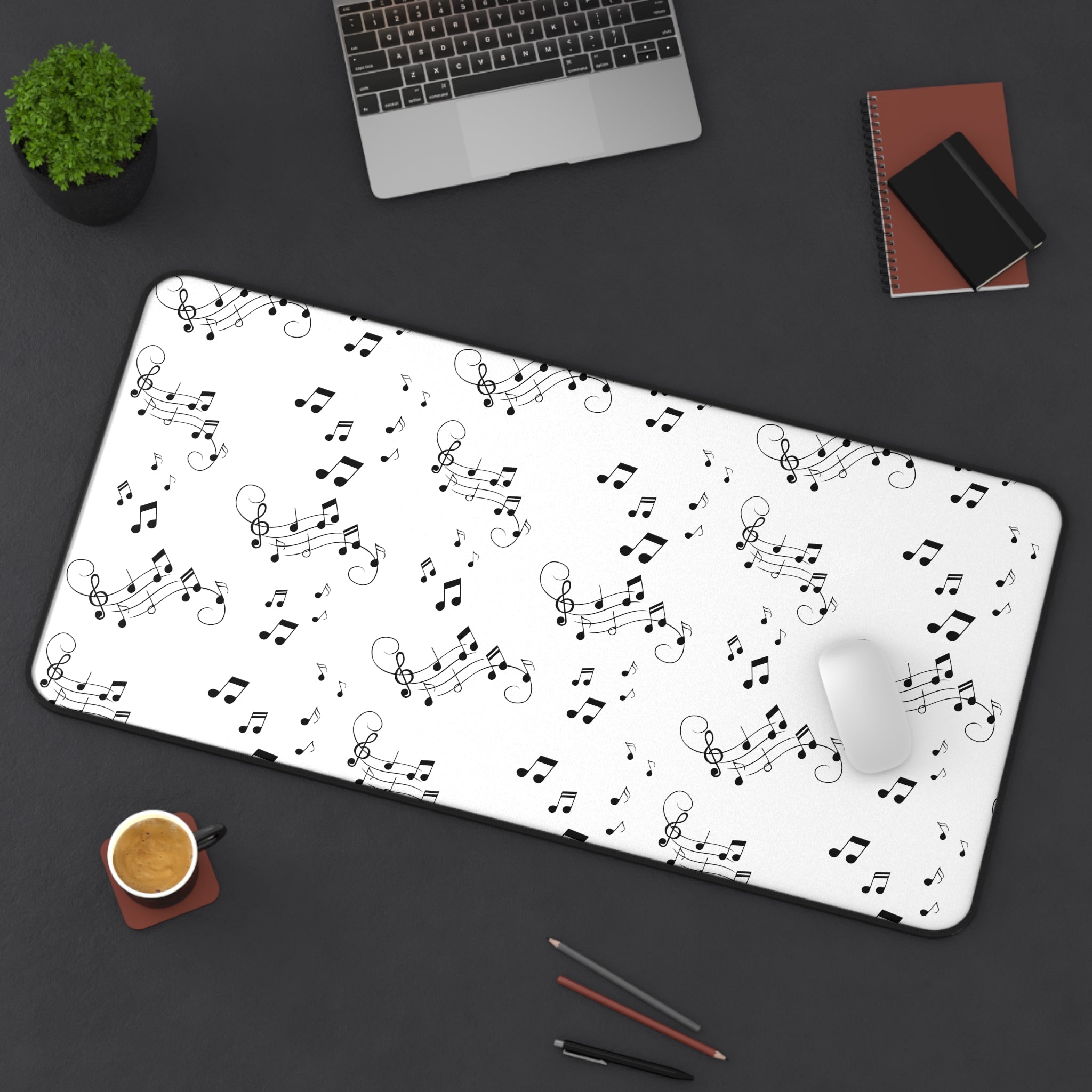 Music Notes Desk Mat, Black and White Musical Pattern Mouse Pad