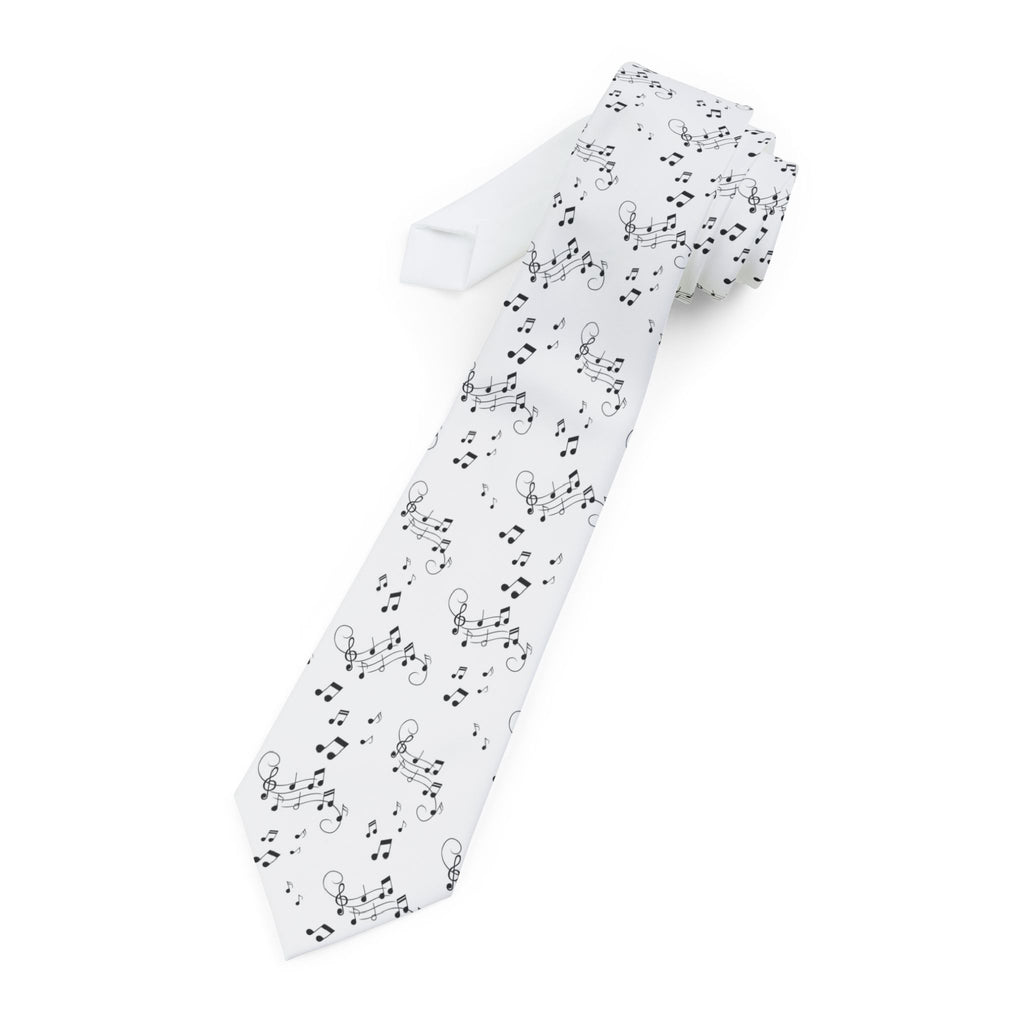 Music Notes Necktie, Musicians Sheet Music Tie - White background with black notes, gifts for musicians and vocalists