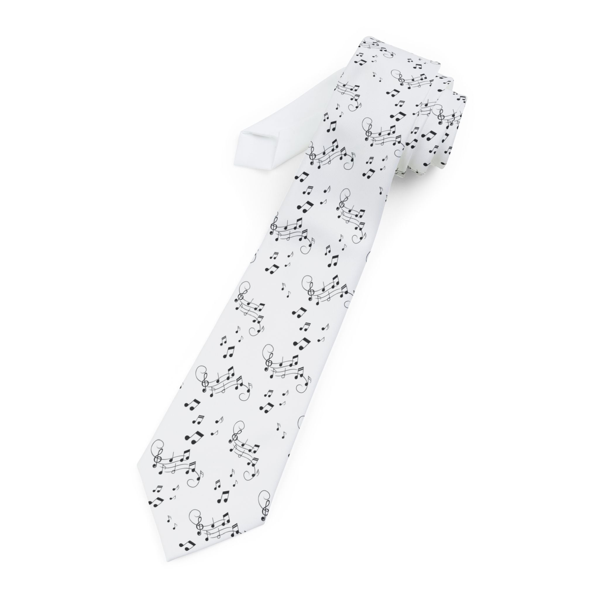 Music Notes Necktie, Musicians Sheet Music Tie - White background with black notes, gifts for musicians and vocalists