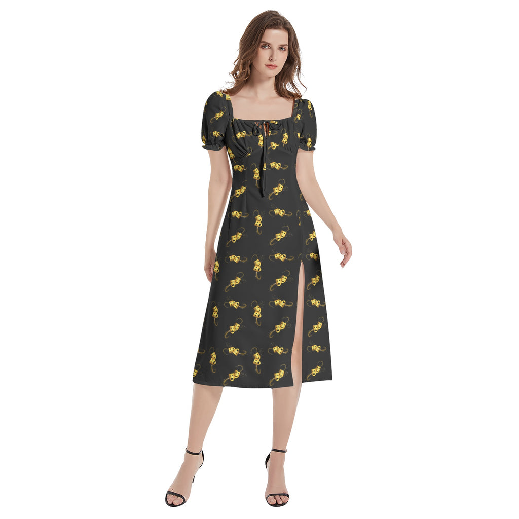 Drama masks Puff Sleeve Split Thigh Midi Dress