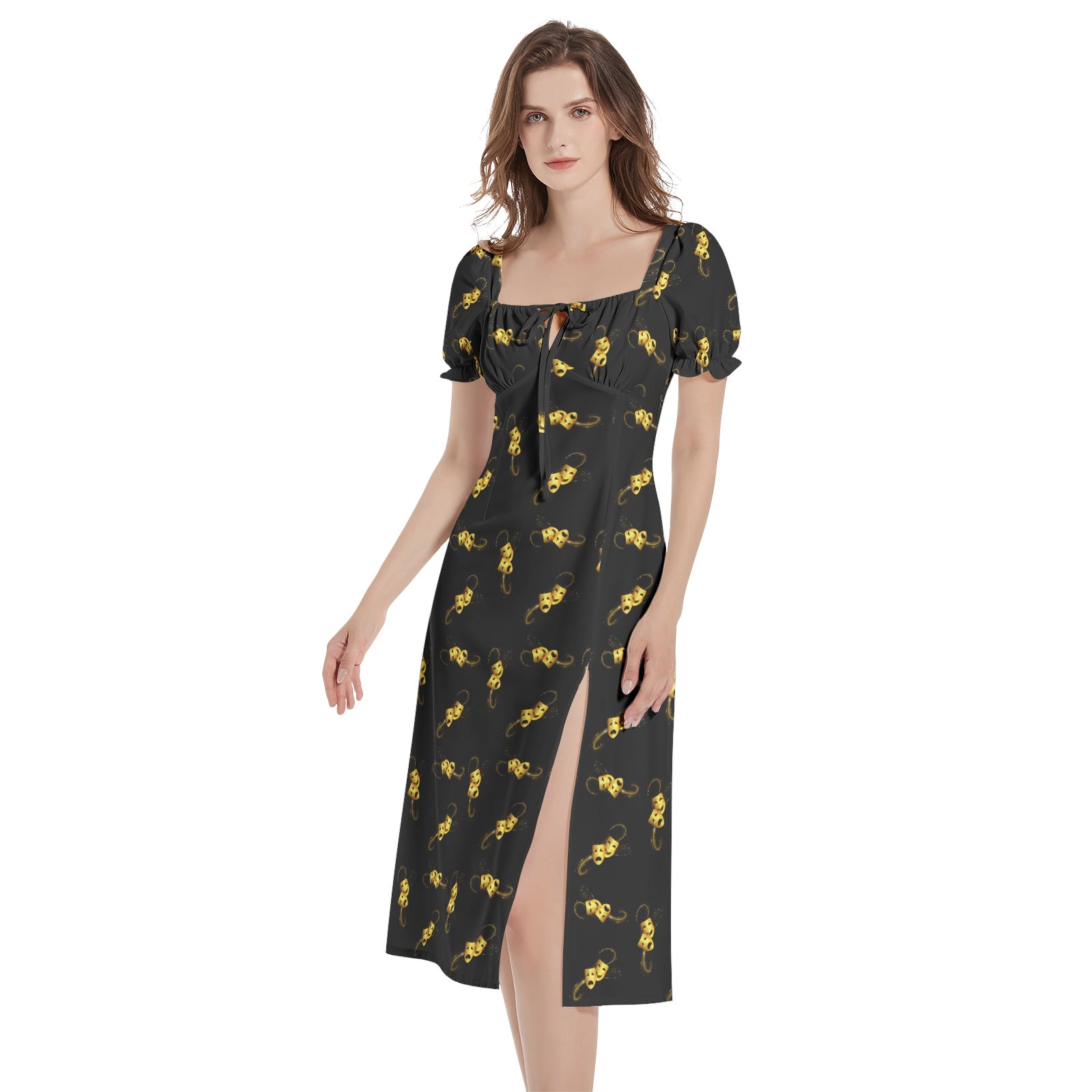 Drama masks Puff Sleeve Split Thigh Midi Dress