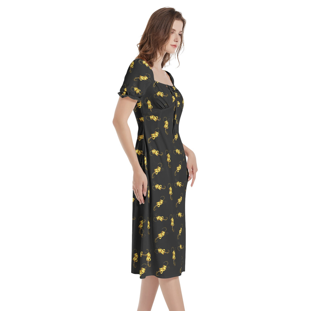 Drama masks Puff Sleeve Split Thigh Midi Dress
