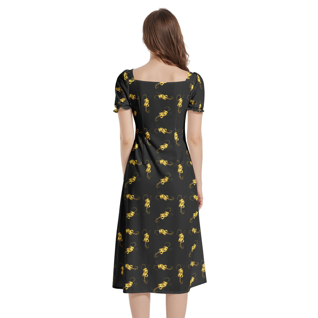 Drama masks Puff Sleeve Split Thigh Midi Dress