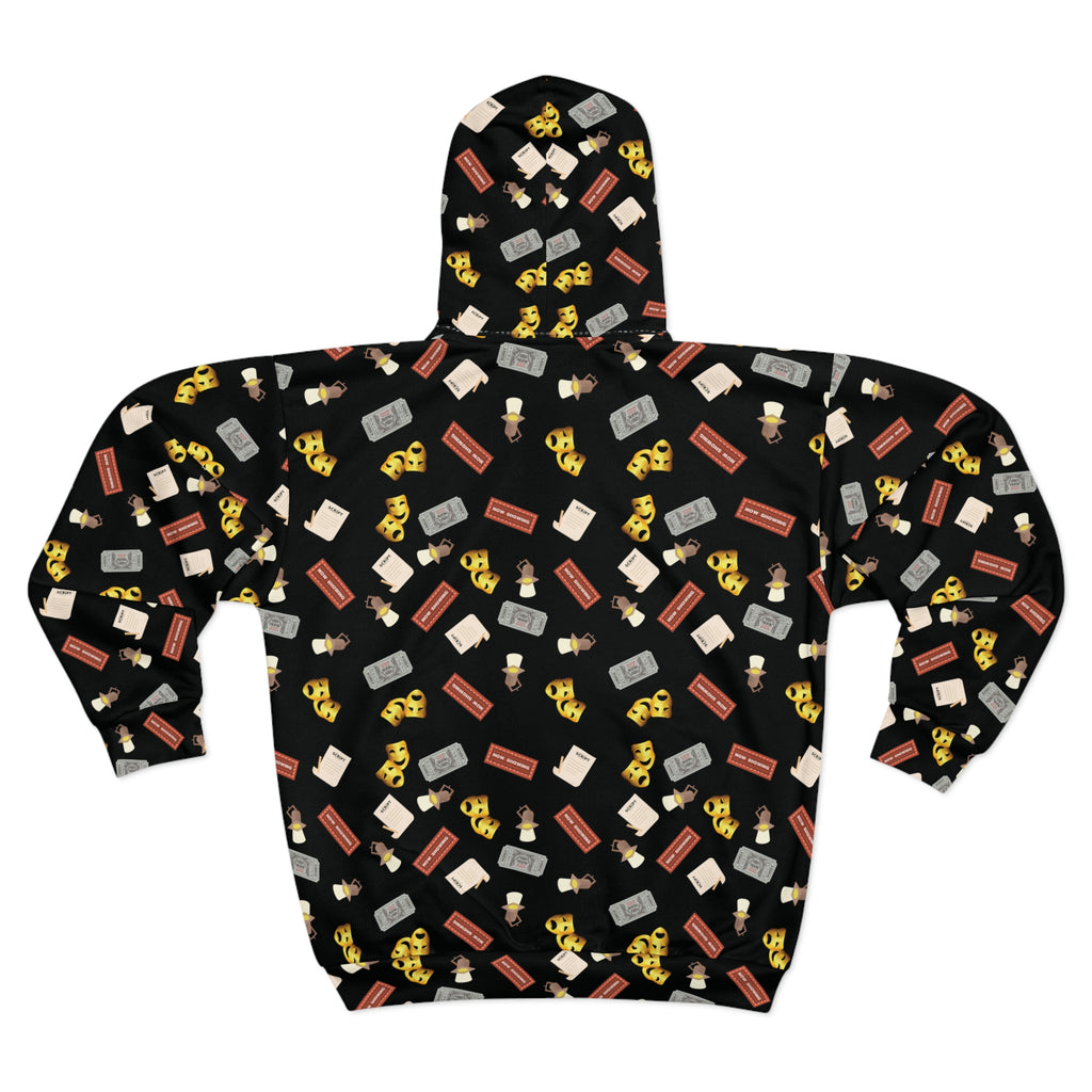 Comedy Tragedy Masks, tickets, marquee and stage lights Zip Hoodie, Theatre Sweatshirt