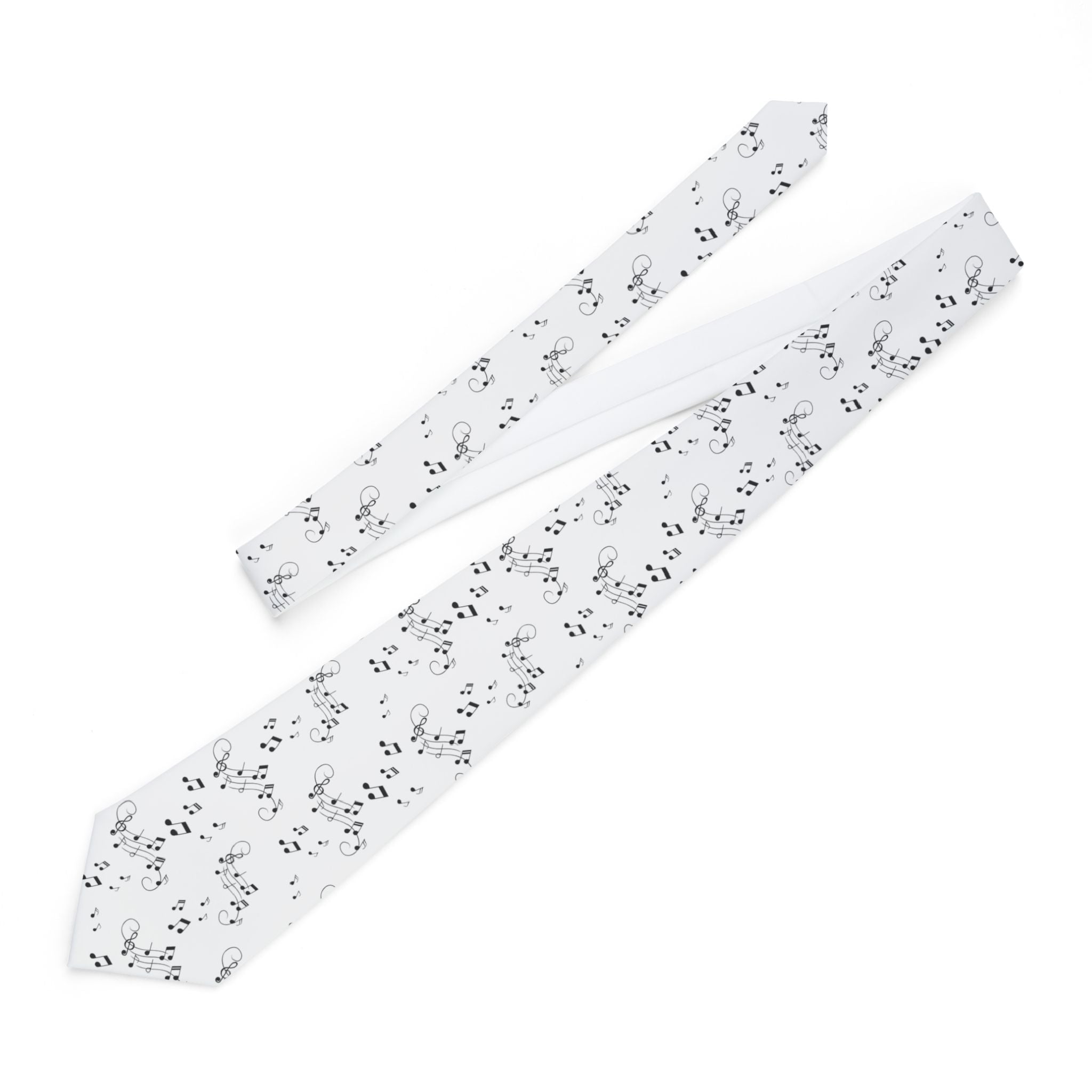 Music Notes Necktie, Musicians Sheet Music Tie - White background with black notes, gifts for musicians and vocalists