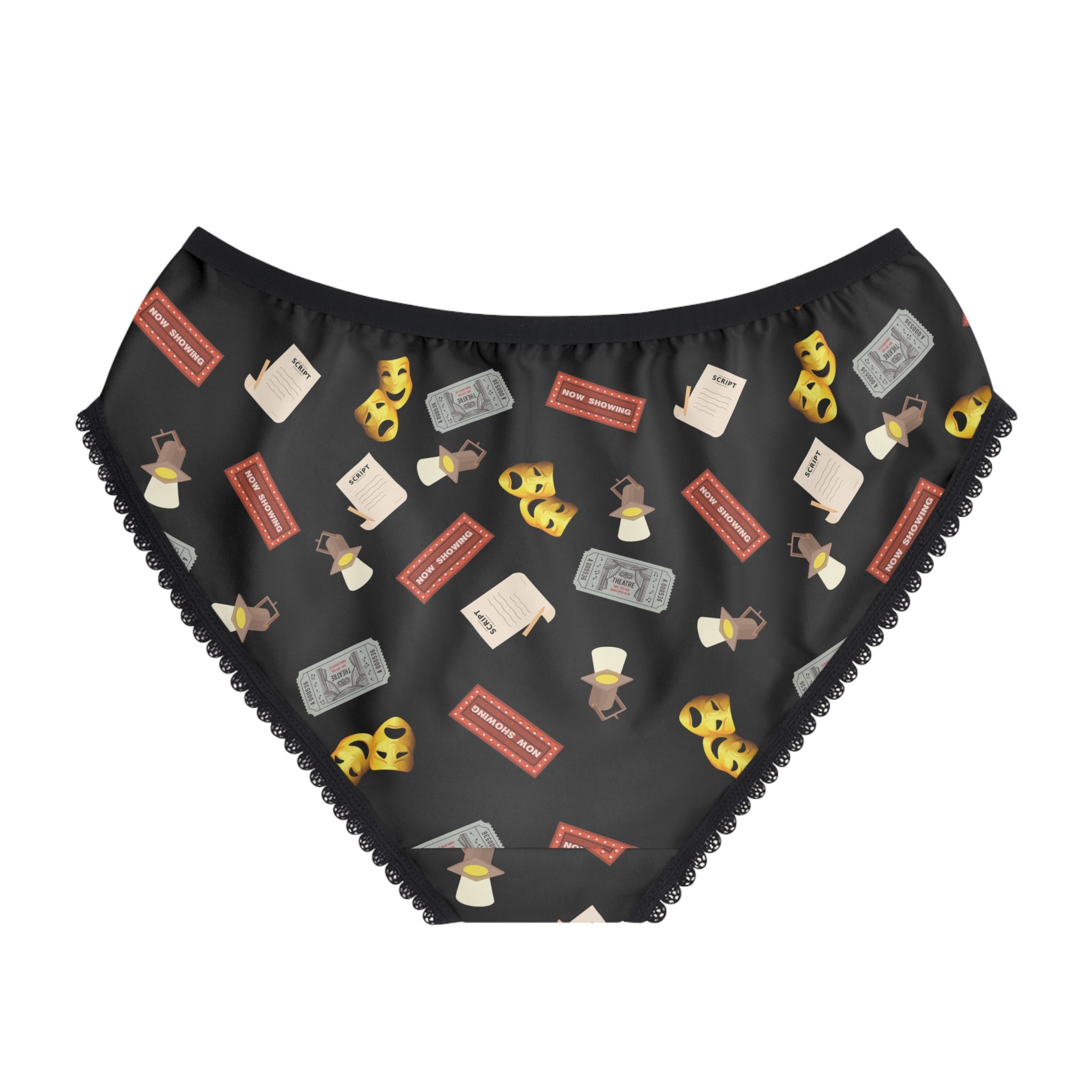 Theater Icons Women's Briefs, Drama Mask & Playbill All-Over Print