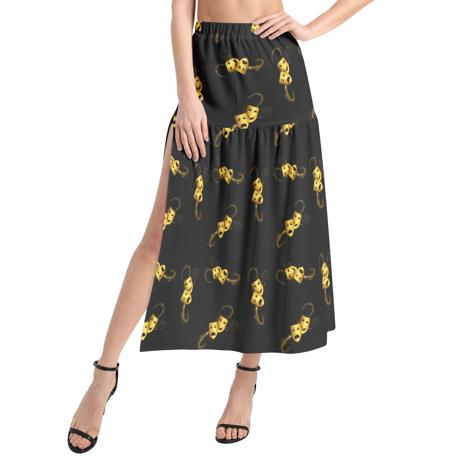 Comedy tragedy masks Elastic Waist Ruffle Slit Hem Skirt