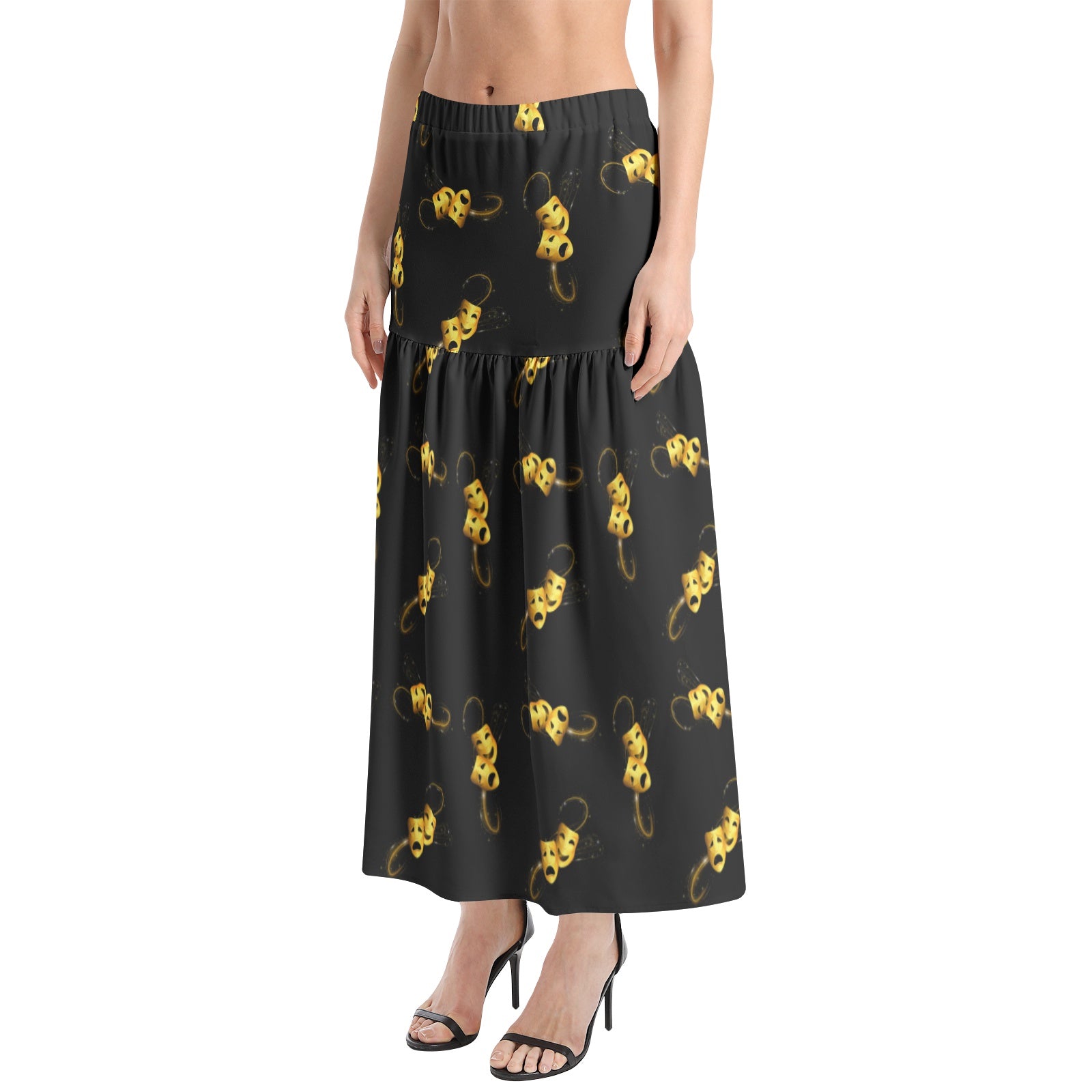 Comedy tragedy masks Elastic Waist Ruffle Slit Hem Skirt