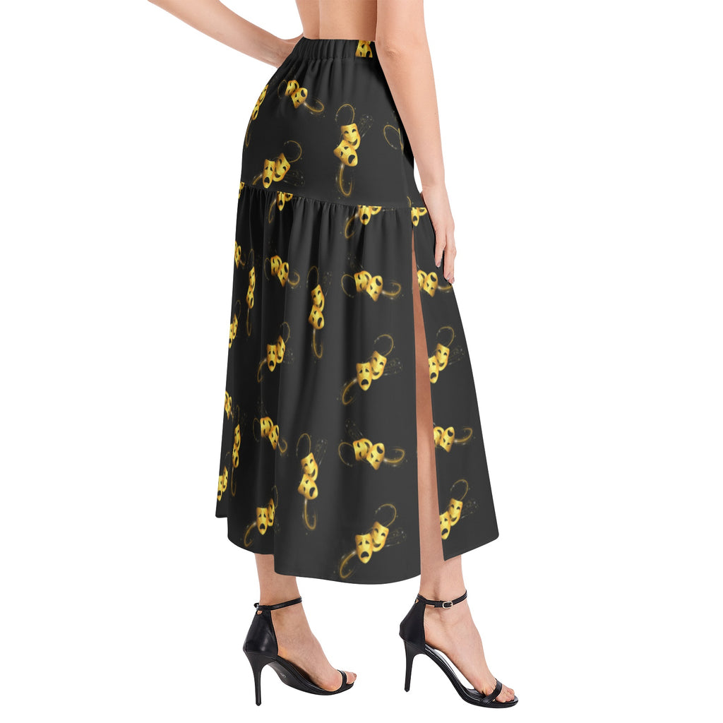 Comedy tragedy masks Elastic Waist Ruffle Slit Hem Skirt