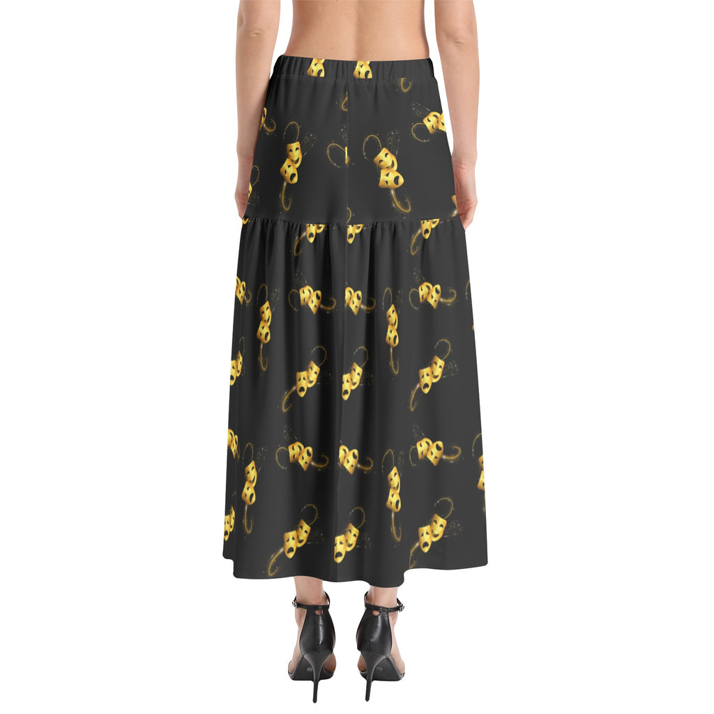 Comedy tragedy masks Elastic Waist Ruffle Slit Hem Skirt
