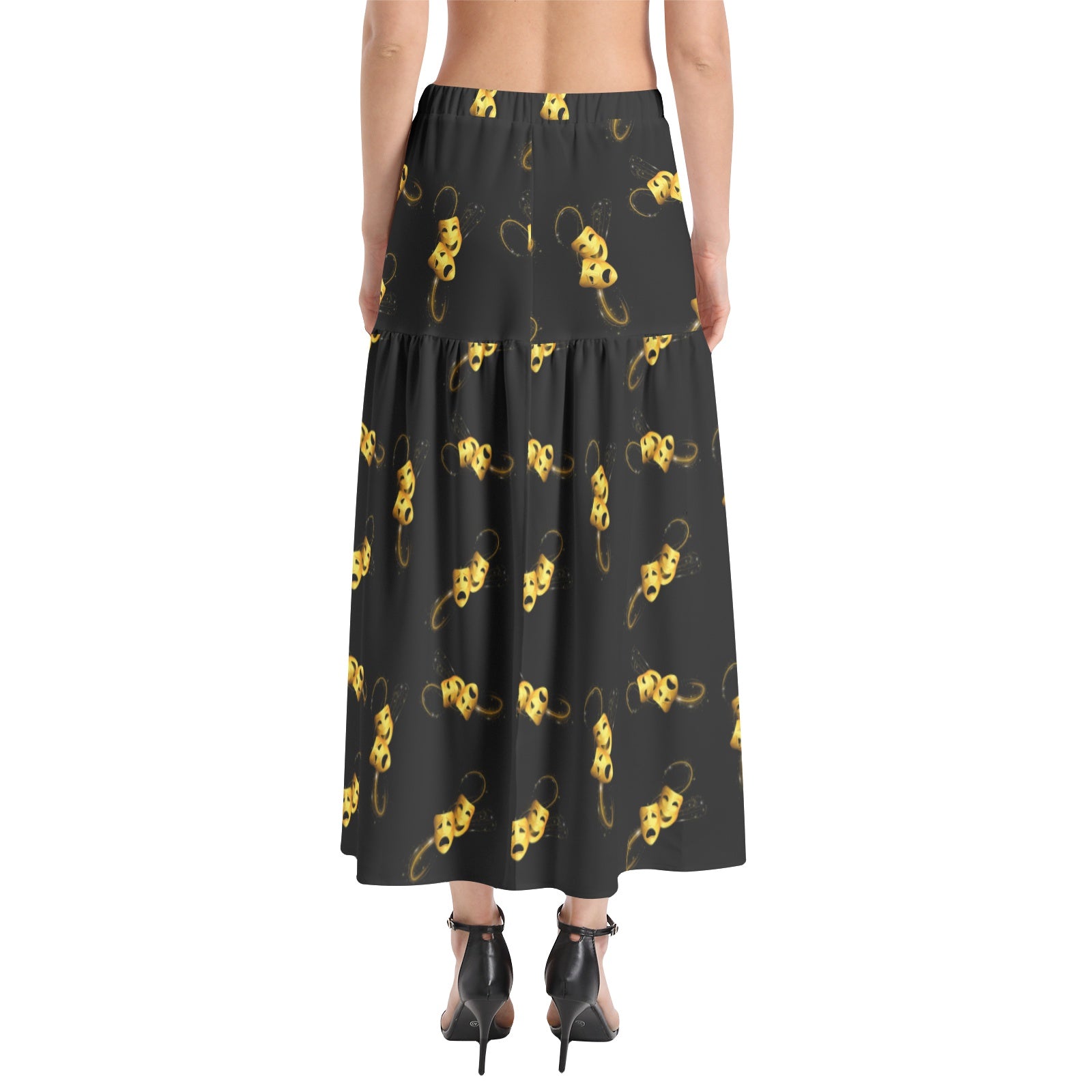 Comedy tragedy masks Elastic Waist Ruffle Slit Hem Skirt