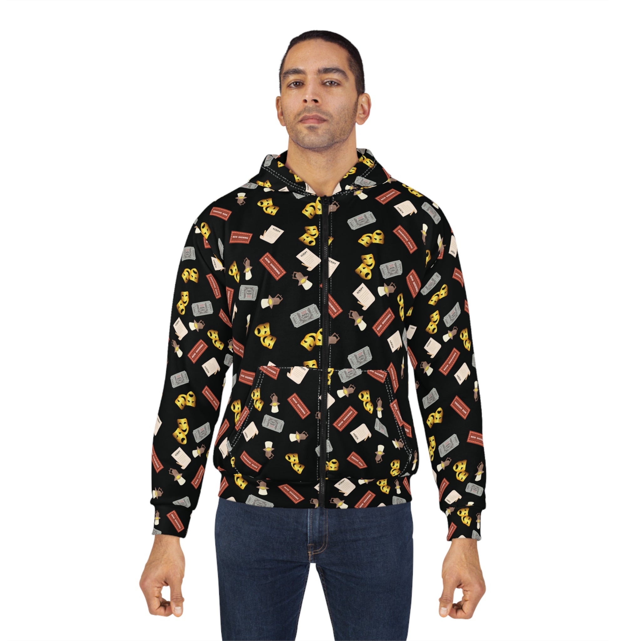 Comedy Tragedy Masks, tickets, marquee and stage lights Zip Hoodie, Theatre Sweatshirt
