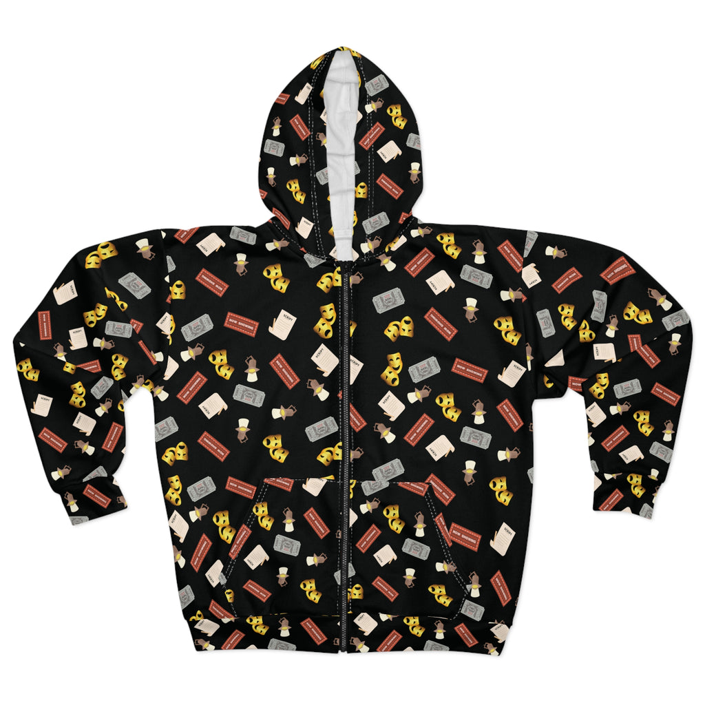 Comedy Tragedy Masks, tickets, marquee and stage lights Zip Hoodie, Theatre Sweatshirt