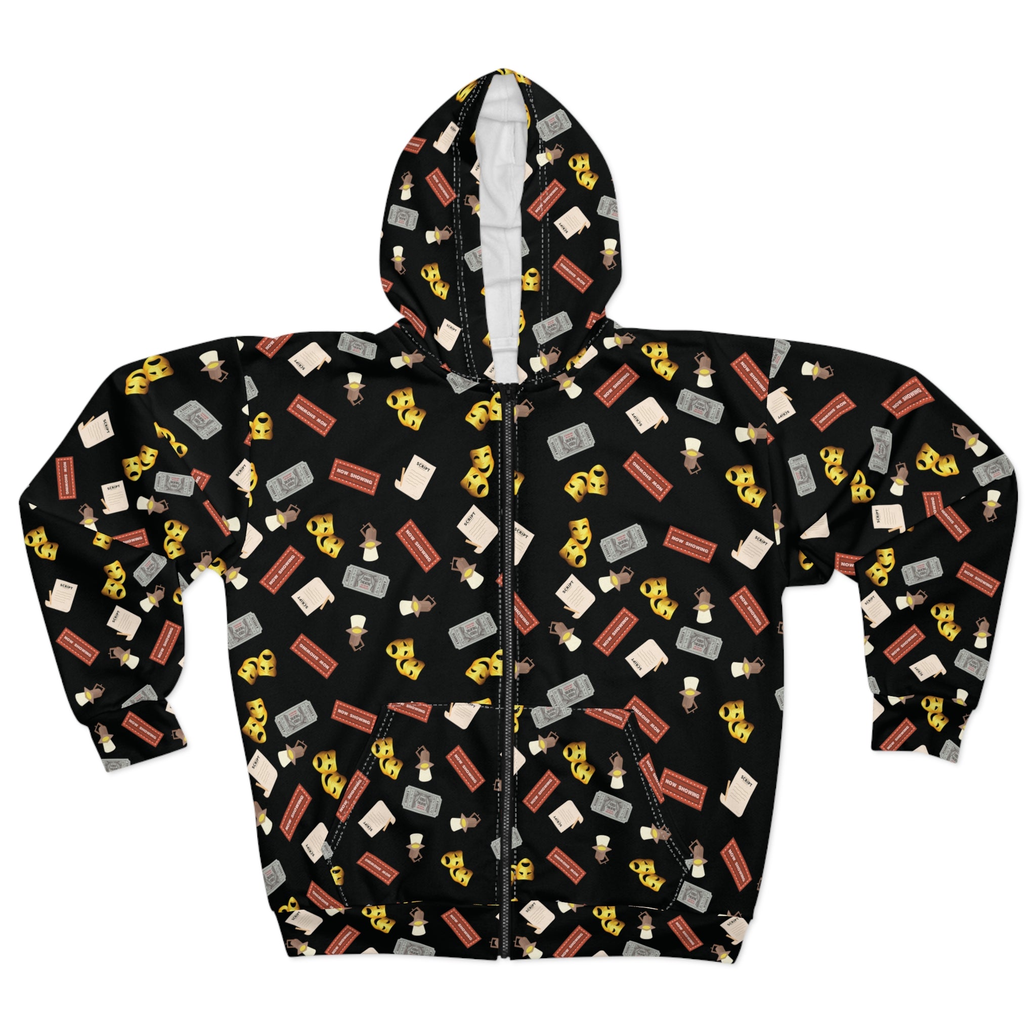 Comedy Tragedy Masks, tickets, marquee and stage lights Zip Hoodie, Theatre Sweatshirt
