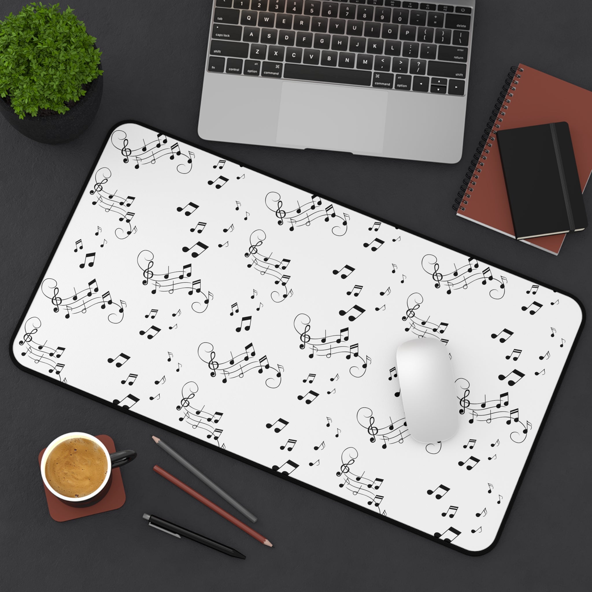 Music Notes Desk Mat, Black and White Musical Pattern Mouse Pad