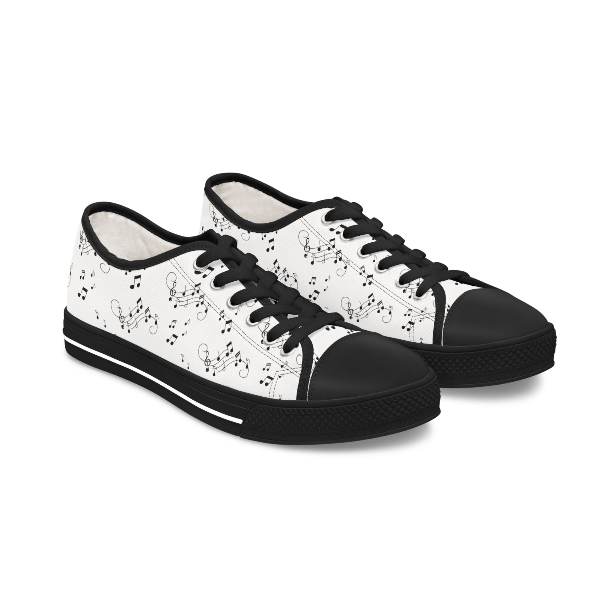 Women's Musical Notes Low Top Sneakers,  White Canvas Music Print Shoes