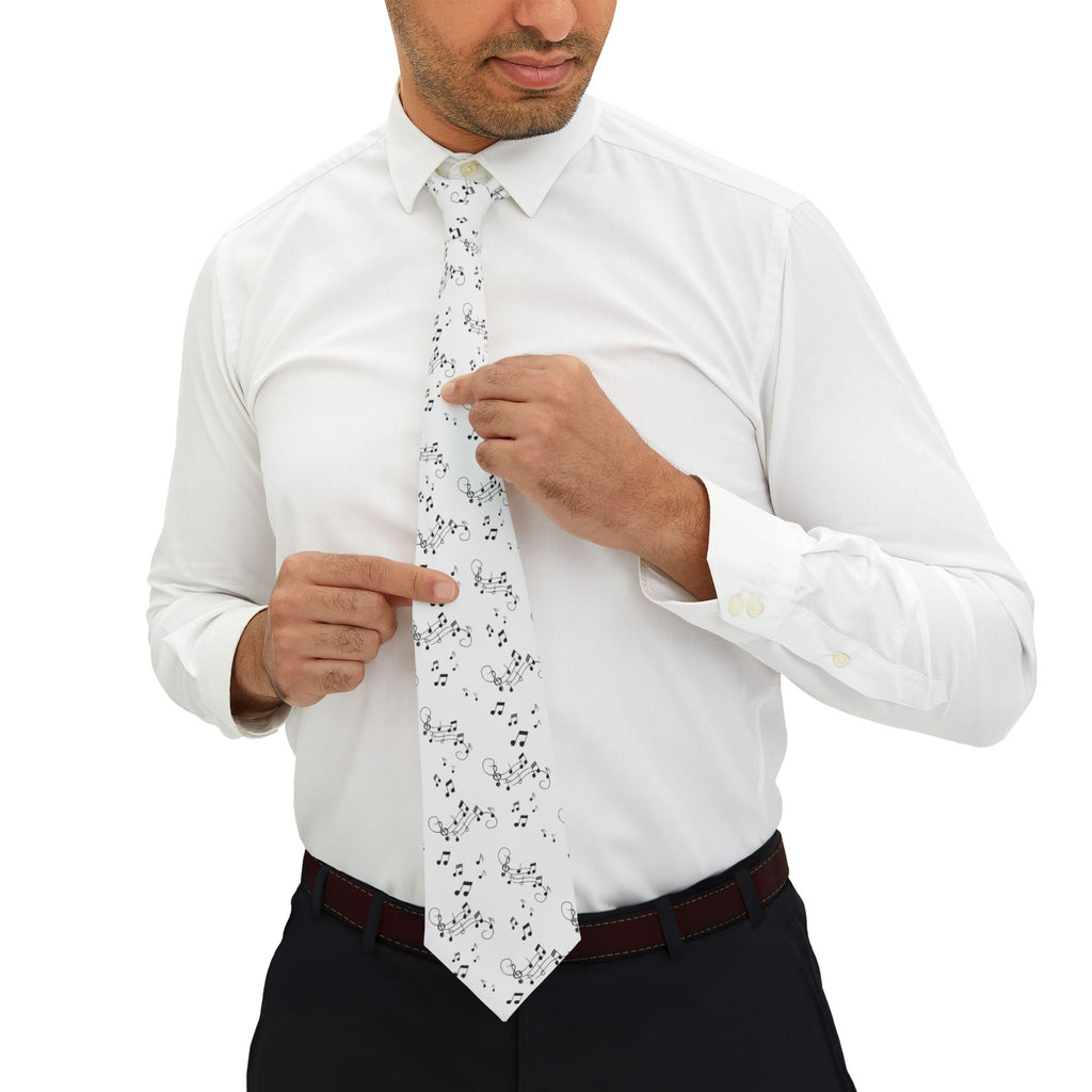 Music Notes Necktie, Musicians Sheet Music Tie - White background with black notes, gifts for musicians and vocalists
