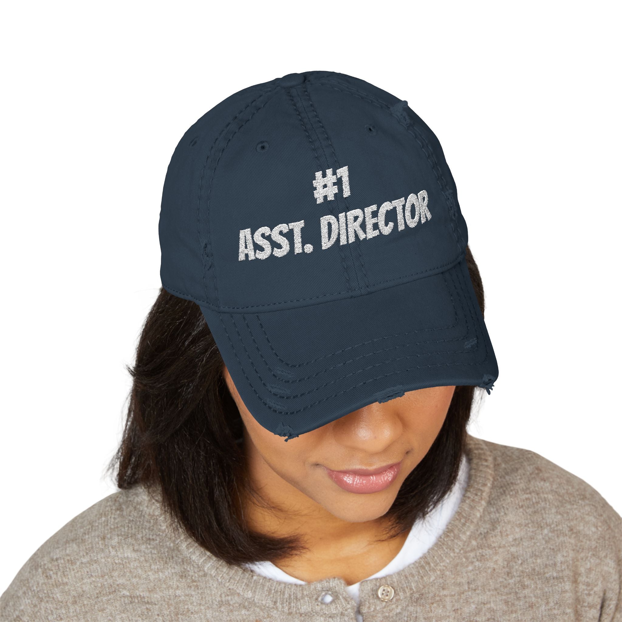 Number 1 Assistant Director distressed baseball hat, Distressed Embroidered Cap