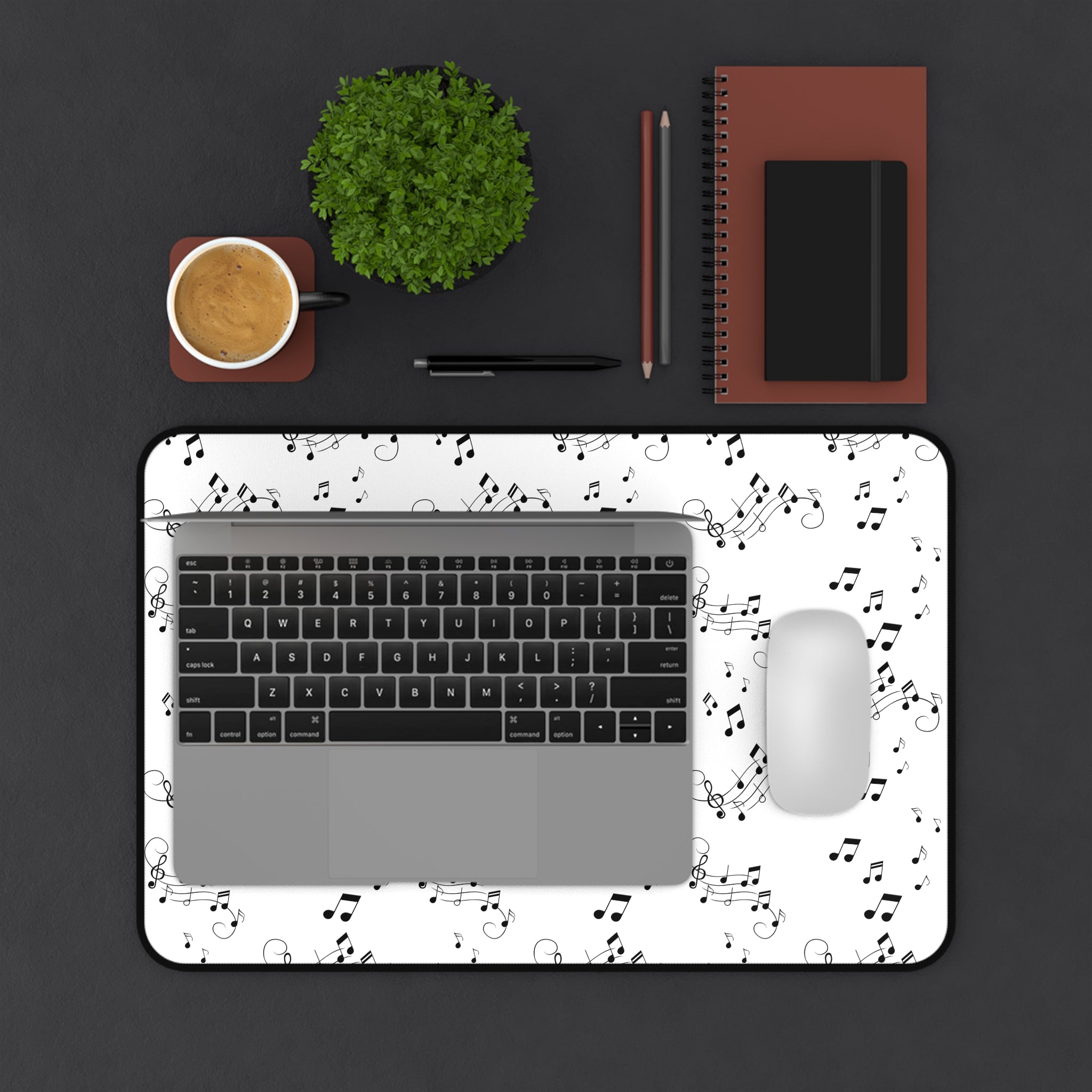 Music Notes Desk Mat, Black and White Musical Pattern Mouse Pad