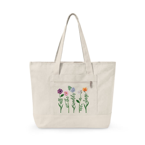 All the world's a stage Wildflower Stem Illustration Zippered Canvas Tote, Floral Garden Bag