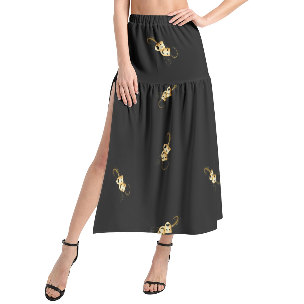 Opening night skirt - Elastic Waist Ruffle Slit Hem Skirt with comedy tragedy masks