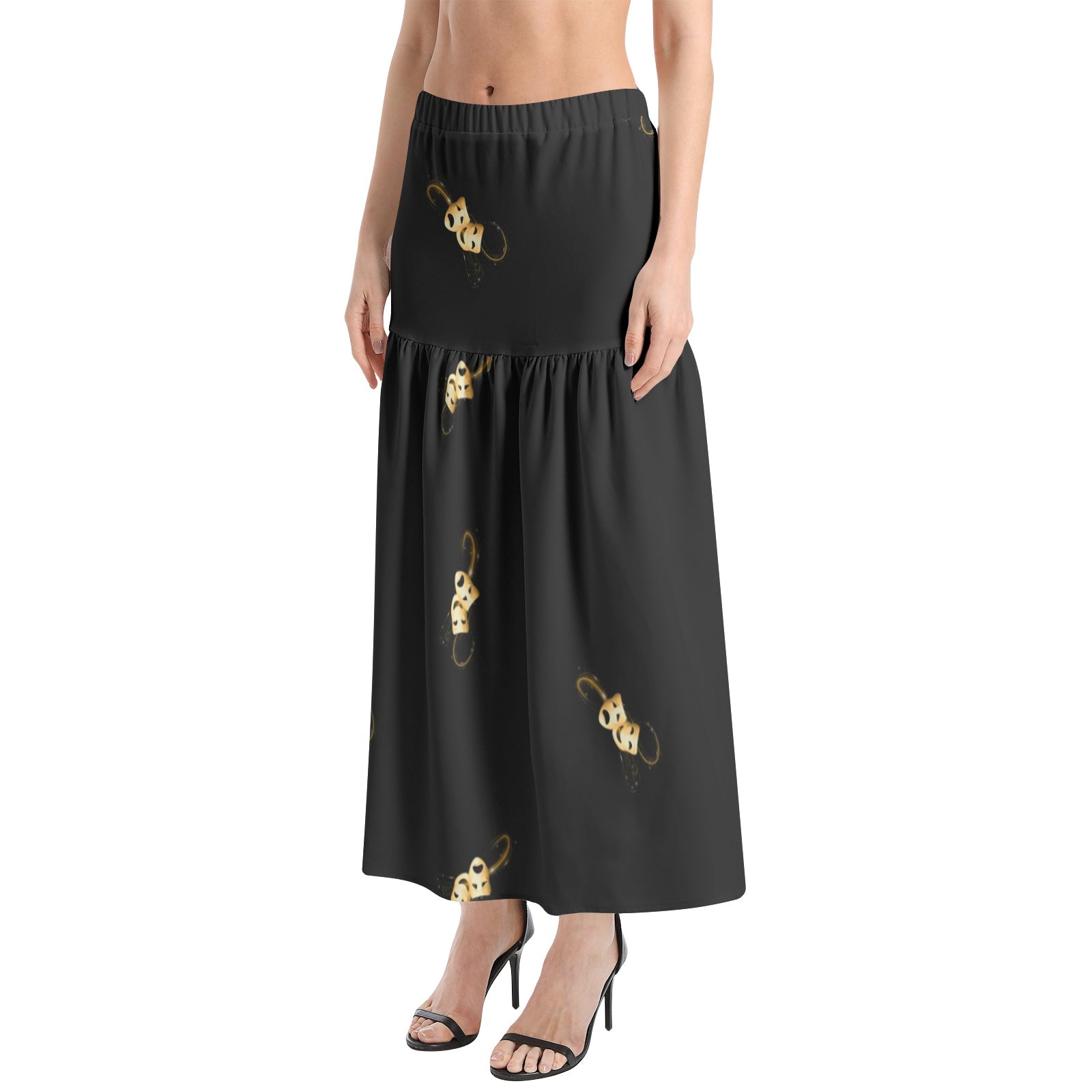 Opening night skirt - Elastic Waist Ruffle Slit Hem Skirt with comedy tragedy masks
