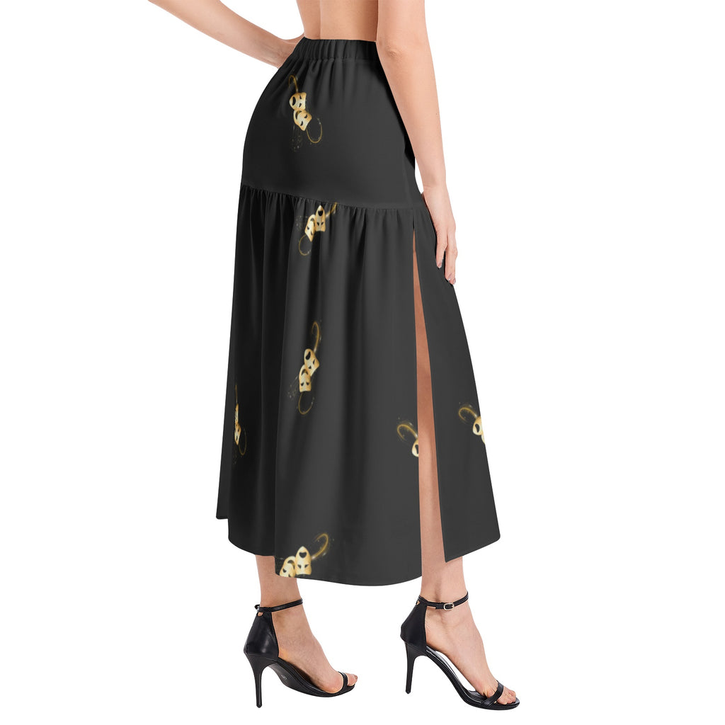 Opening night skirt - Elastic Waist Ruffle Slit Hem Skirt with comedy tragedy masks