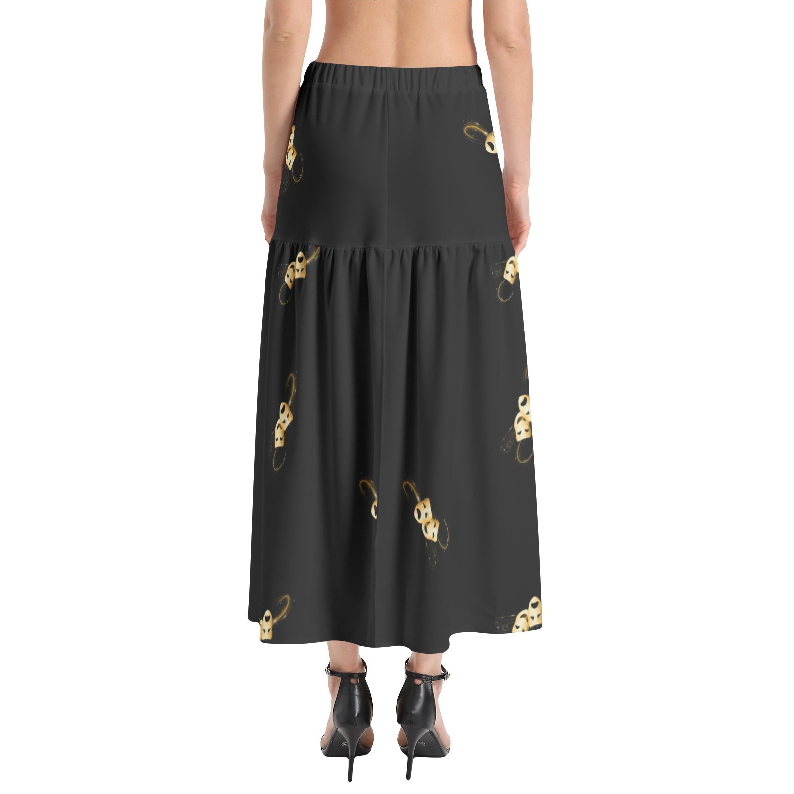 Opening night skirt - Elastic Waist Ruffle Slit Hem Skirt with comedy tragedy masks