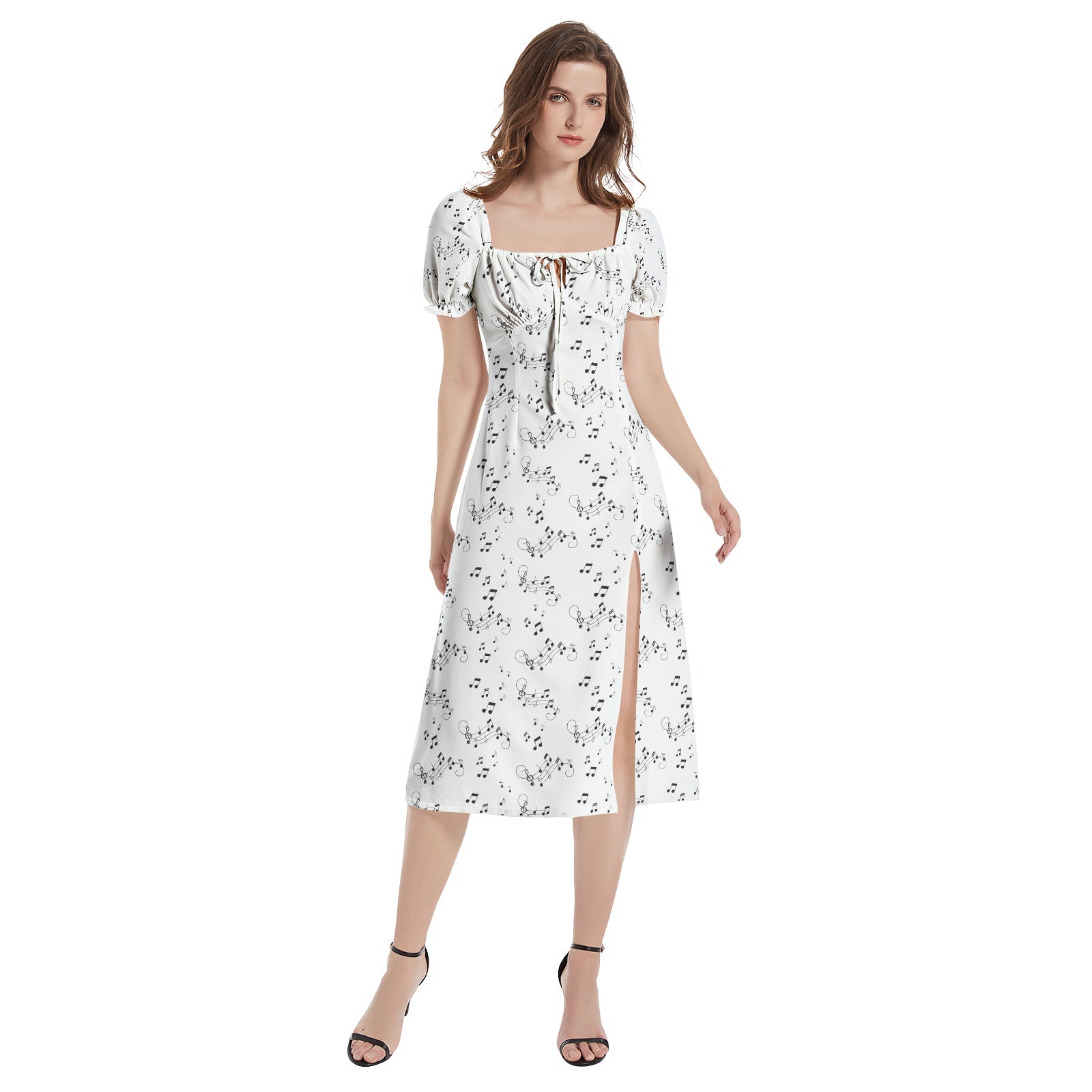 Black and white music notes whimsical Puff Sleeve Split Thigh Midi Dress