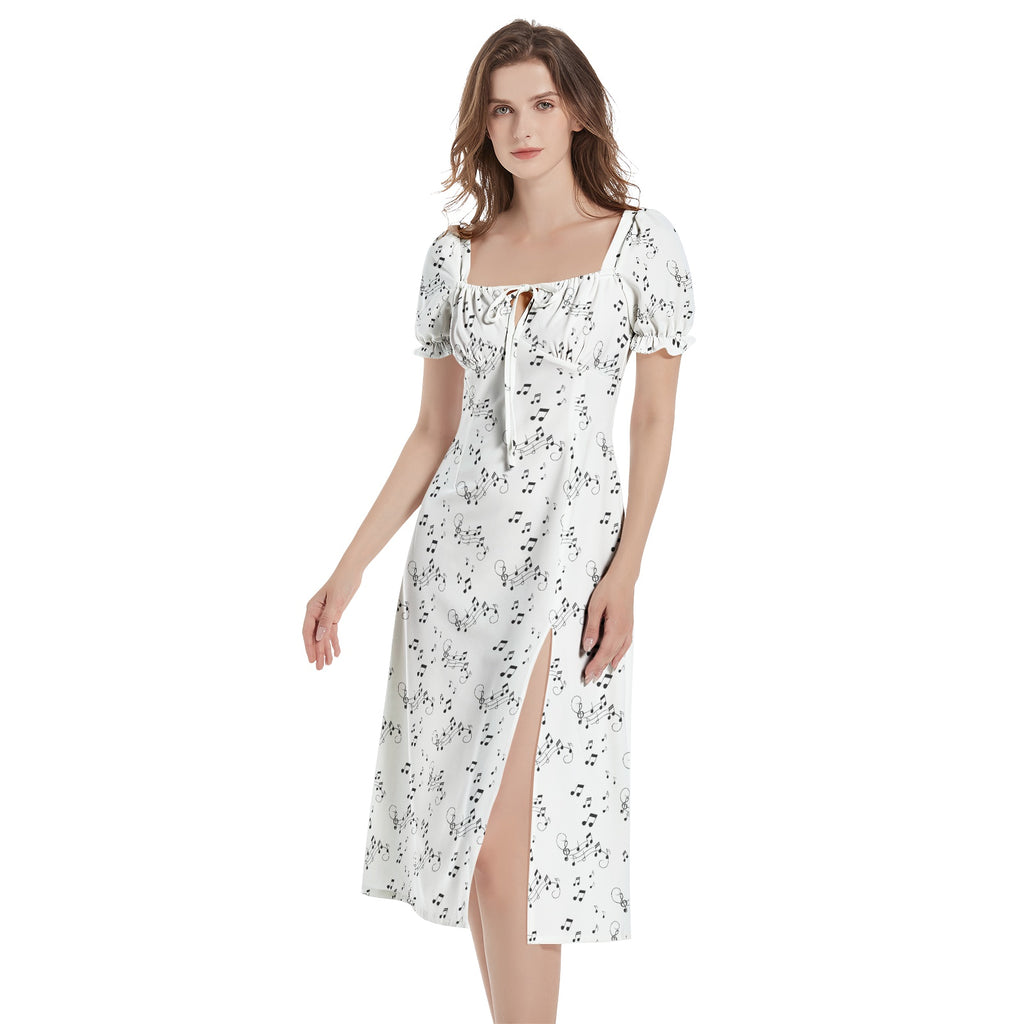 Black and white music notes whimsical Puff Sleeve Split Thigh Midi Dress
