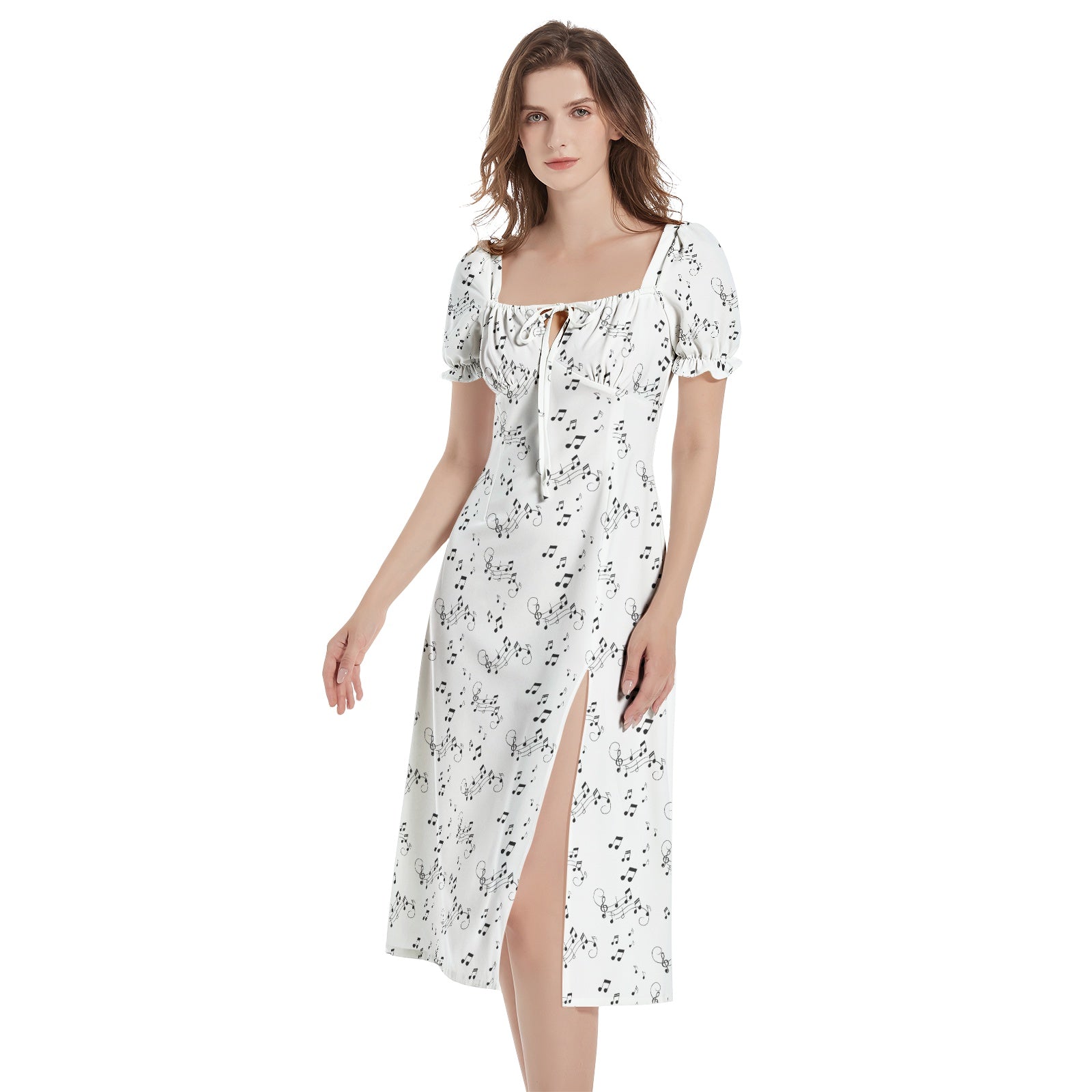 Black and white music notes whimsical Puff Sleeve Split Thigh Midi Dress