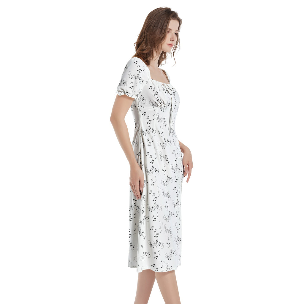 Black and white music notes whimsical Puff Sleeve Split Thigh Midi Dress