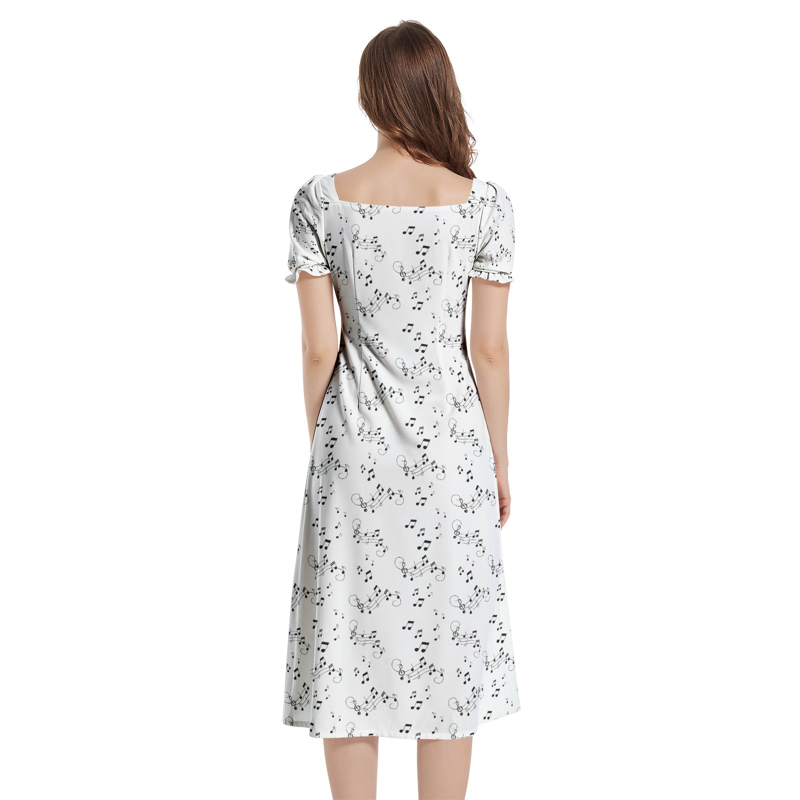 Black and white music notes whimsical Puff Sleeve Split Thigh Midi Dress