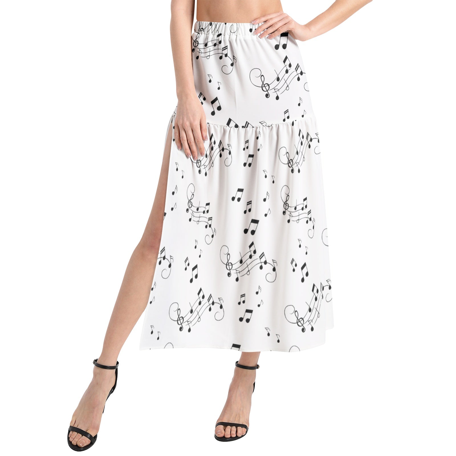 Music notes Elastic Waist Ruffle Slit Hem Skirt