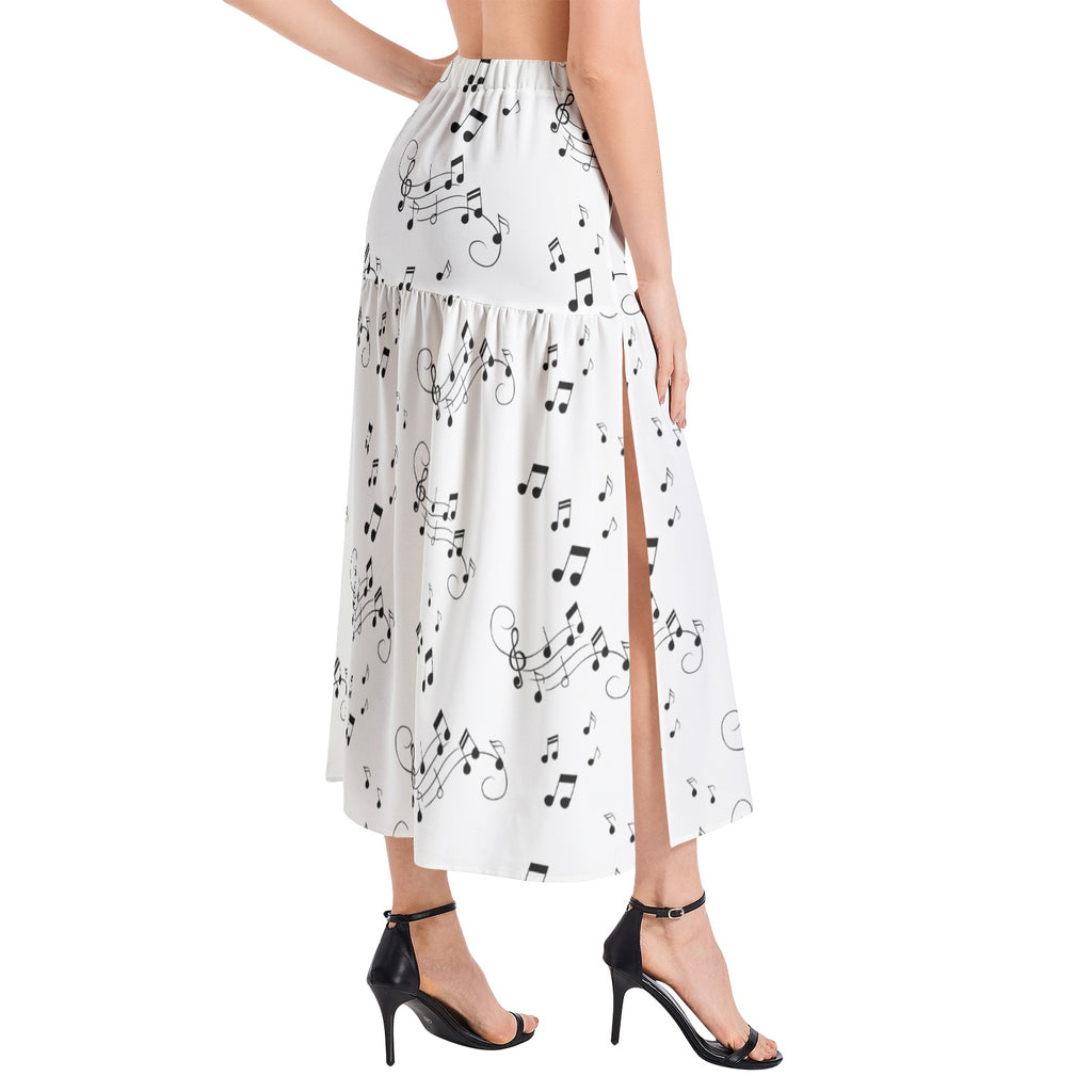 Music notes Elastic Waist Ruffle Slit Hem Skirt
