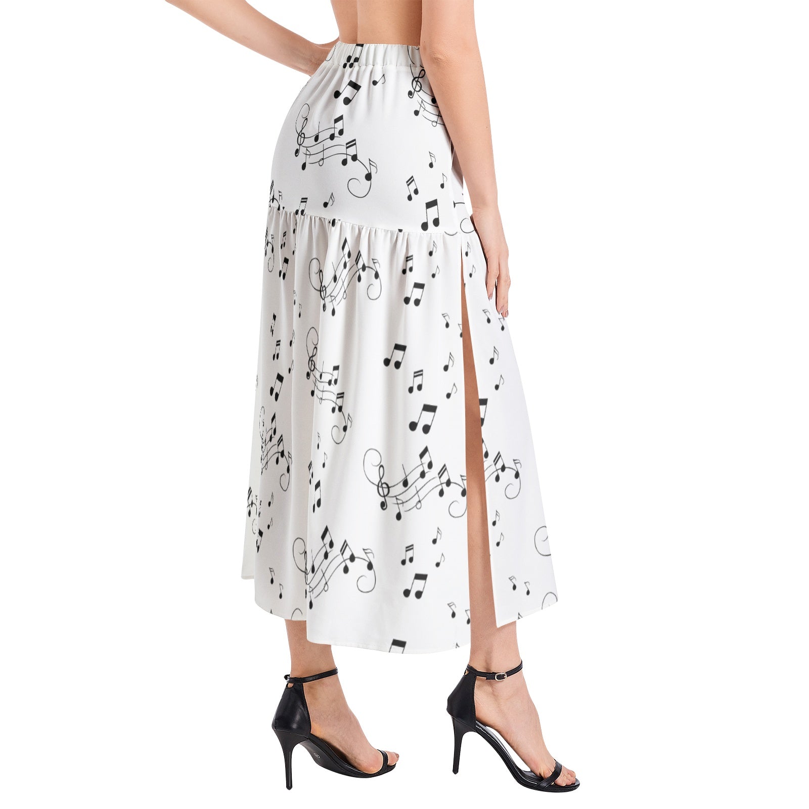 Music notes Elastic Waist Ruffle Slit Hem Skirt